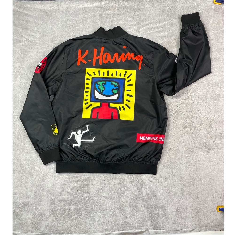 Members Only Keith Haring Jacket Mens Medium Black Bomber Windbreaker Tokyo Pop - Picture 2 of 12